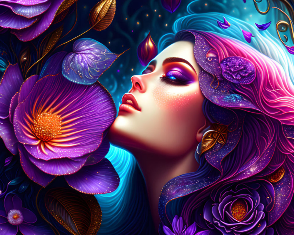 Colorful digital art: Woman's profile with flowing hair amidst stylized flowers