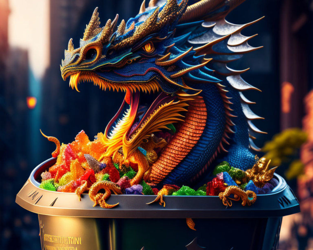 Colorful Dragon Sculpture Emerging from Candy-Filled Cup in Urban Setting