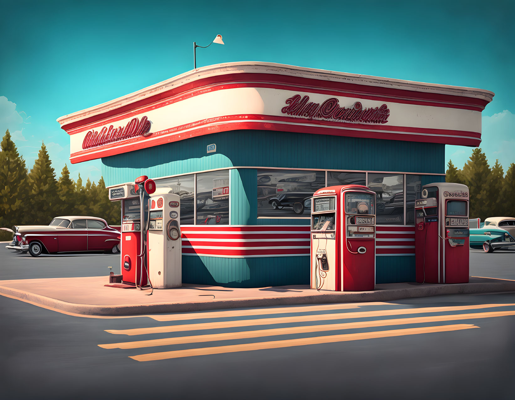 Vintage Gas Station with Red and White Stripes and Classic Cars