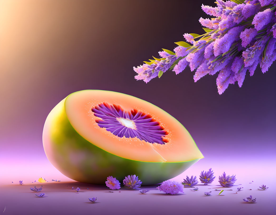 Surreal cantaloupe and purple flower composition on gradient background