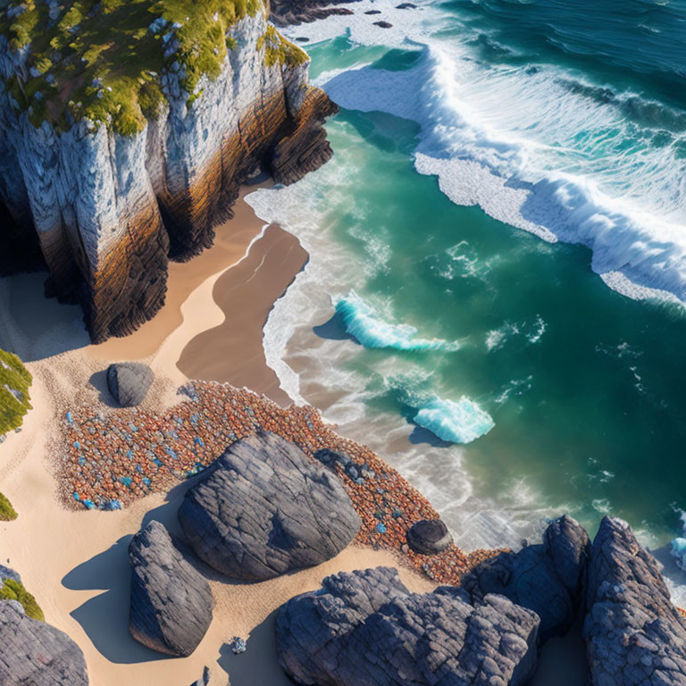 Rugged coastline with sandy beach, emerald waves, cliffs, and boulders