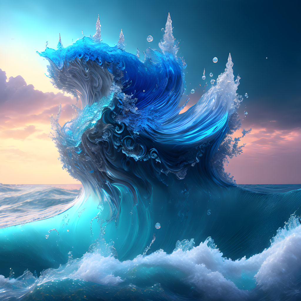 Stylized wave with intricate water patterns against dramatic sunset sky