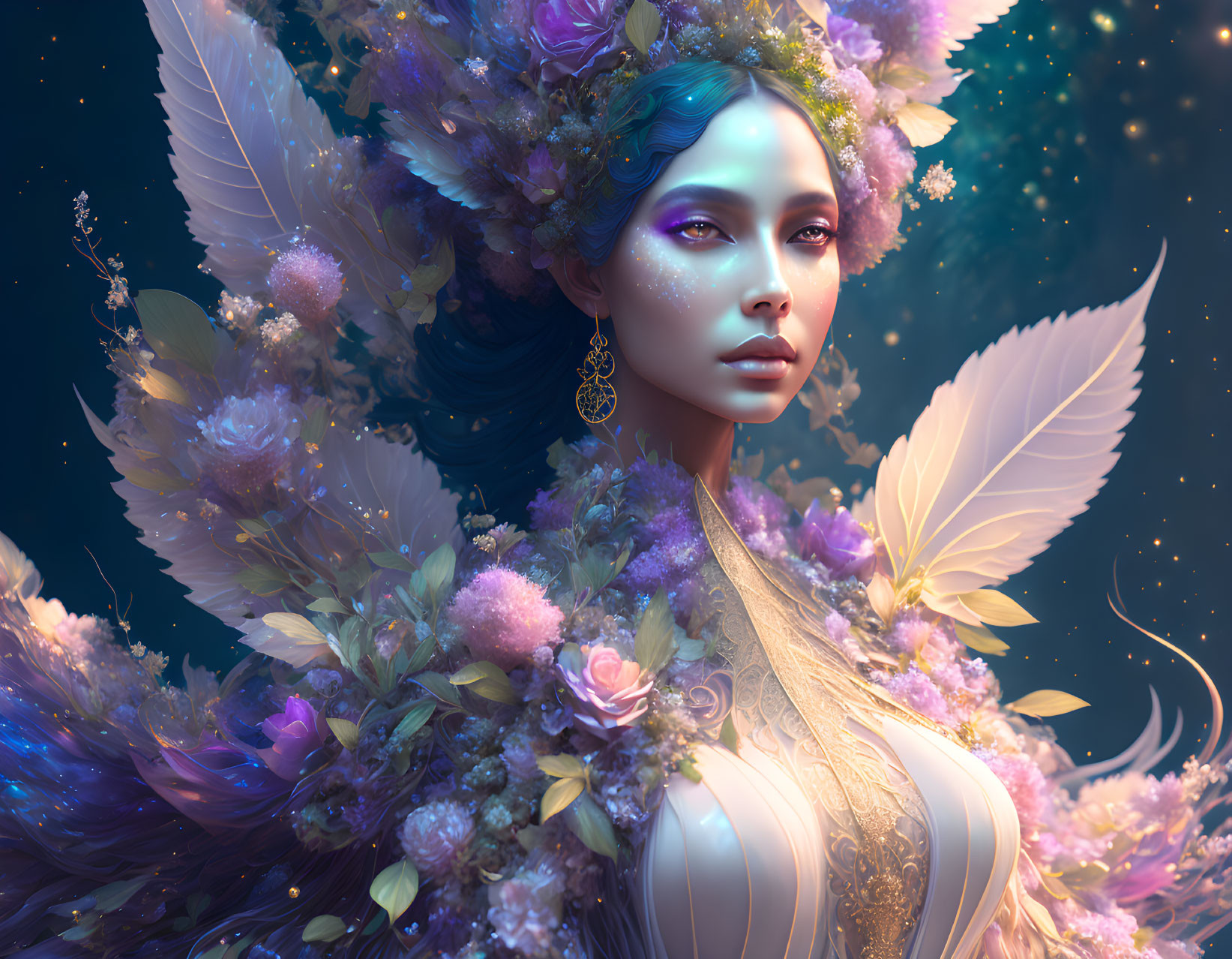 Fantastical portrait of a woman with luminescent flowers and feathers in dreamlike setting