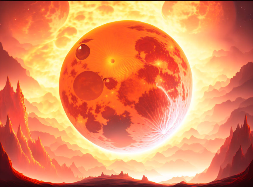 Fiery sky over rocky red landscape with alien planet and moons