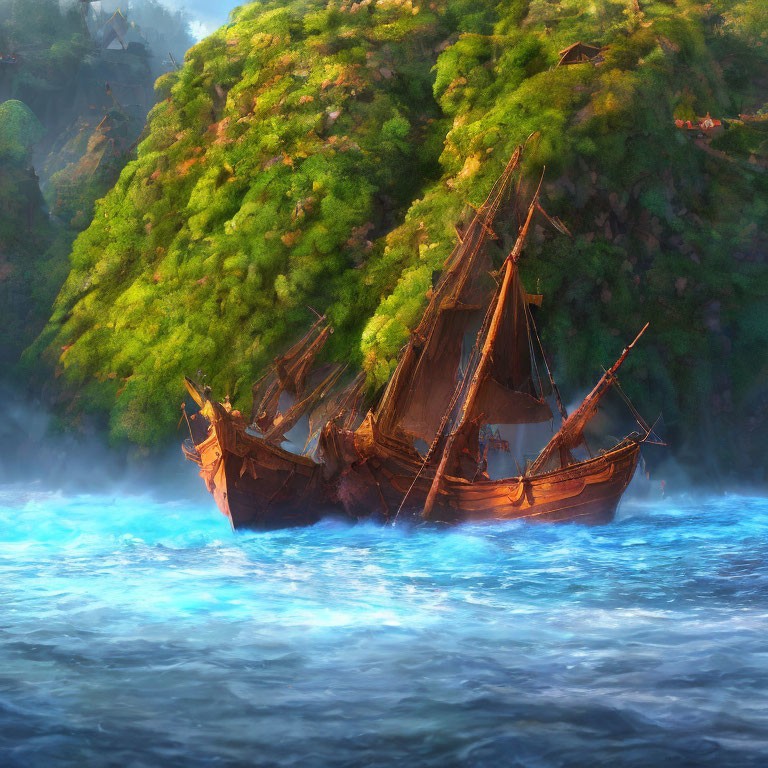 Shipwreck near misty hillside village in crystal blue waters