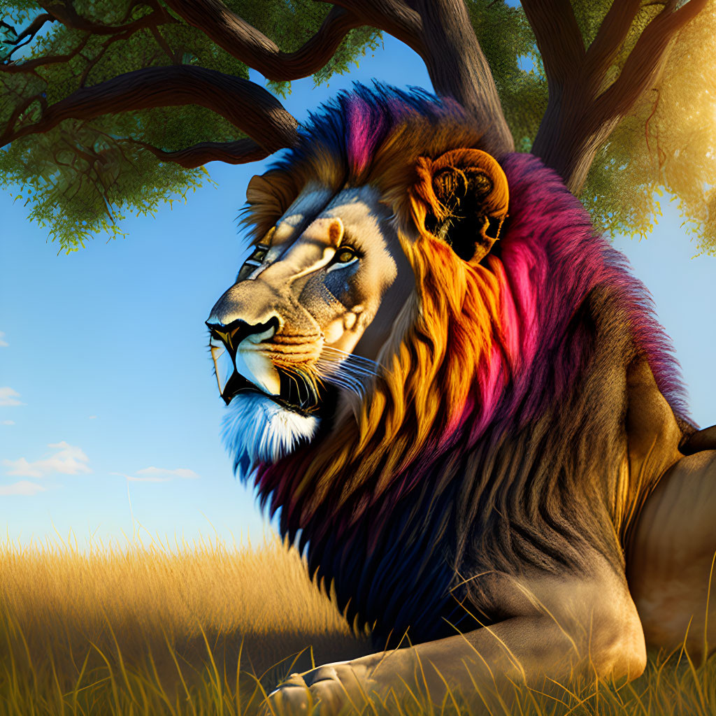 Colorful lion illustration with rainbow mane in savanna setting