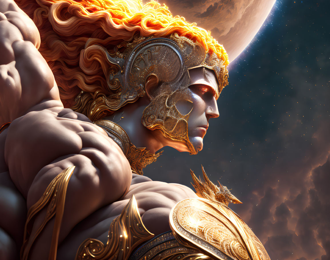 Detailed illustration of warrior in ornate golden armor against cosmic backdrop