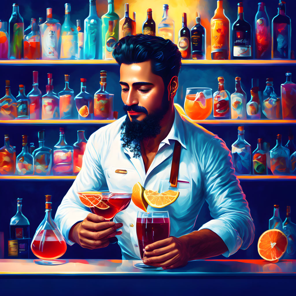 Bearded bartender making cocktails at colorful bar