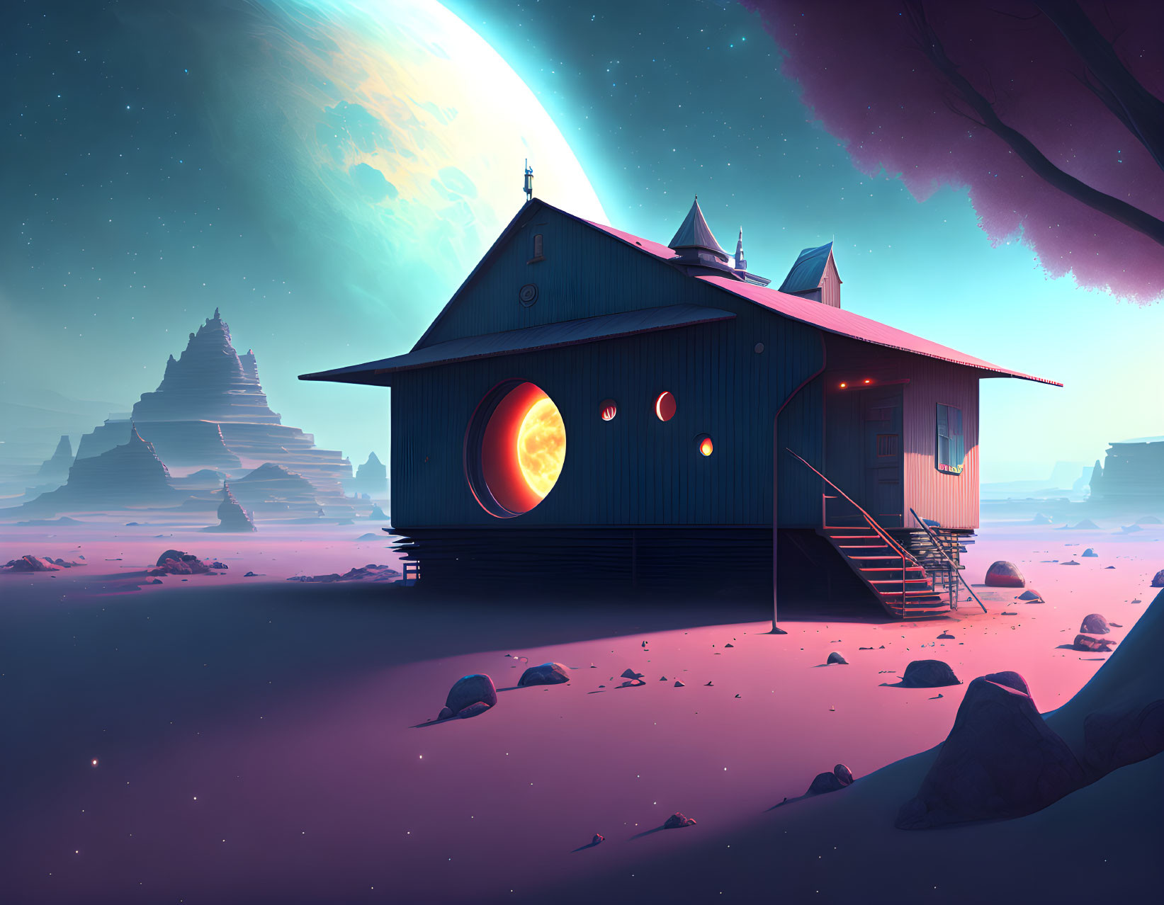 Solitary house on alien planet with ringed planet in purple landscape