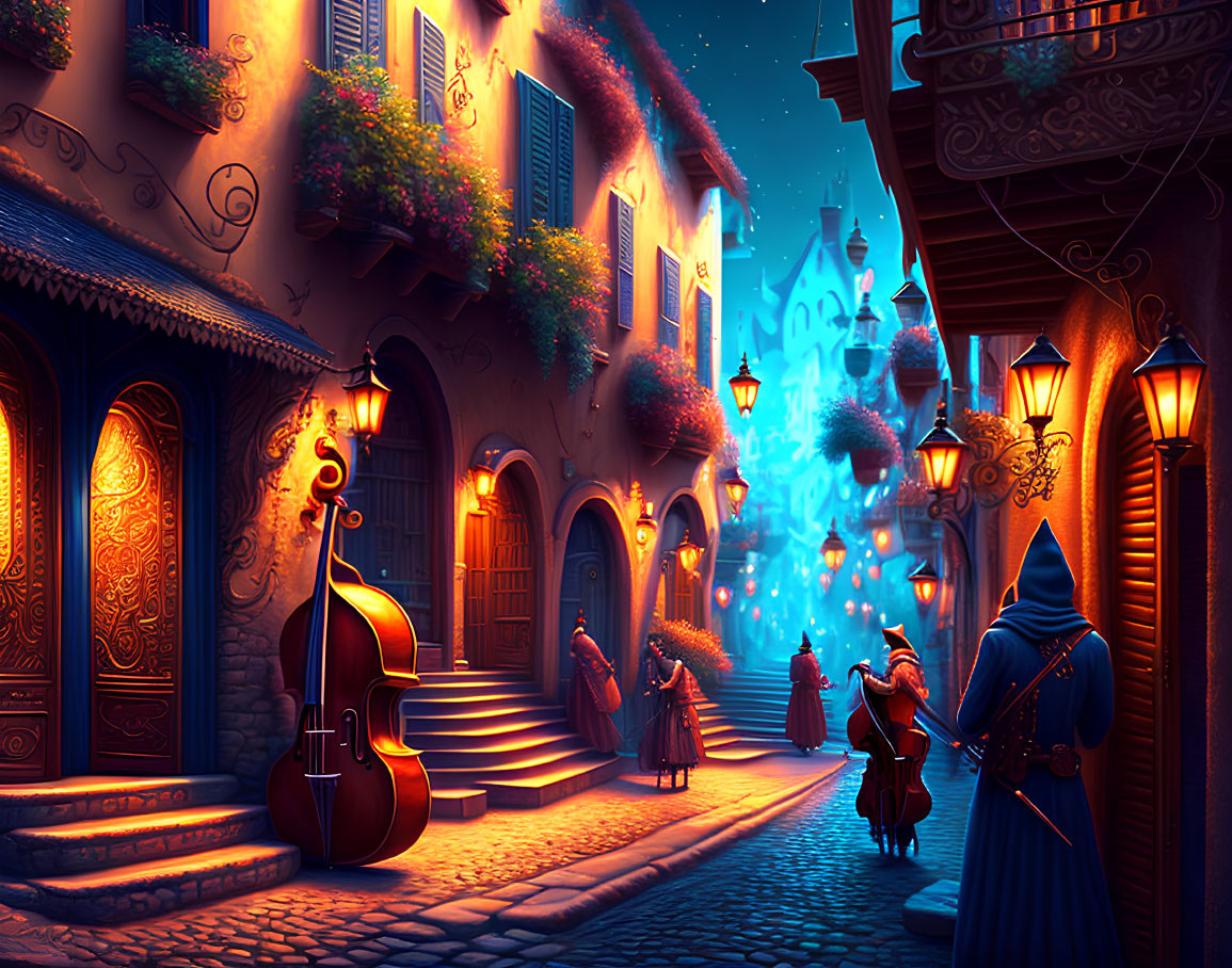 Enchanting night street scene with blue lanterns, cello, cloaked figures, and whims