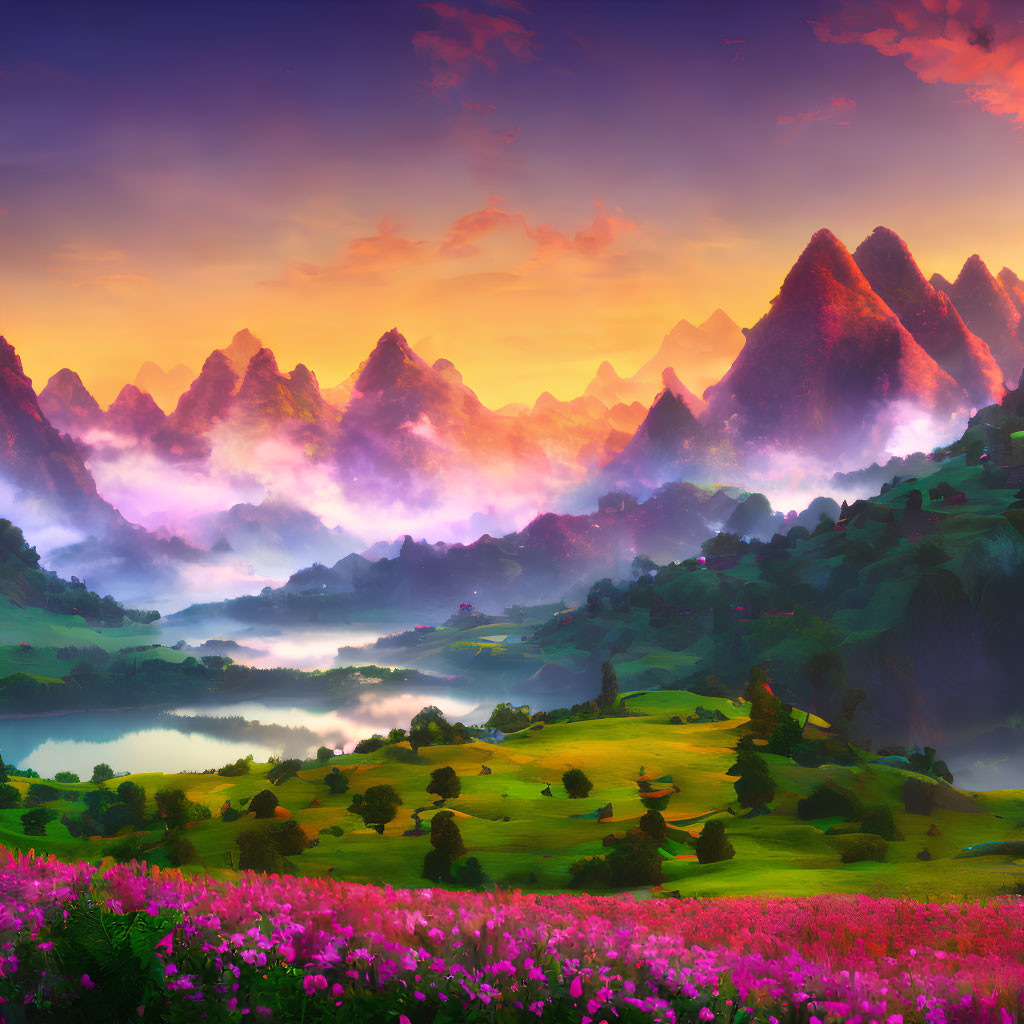 Scenic sunset landscape with pink clouds, mountains, lake, green hills, and pink flowers