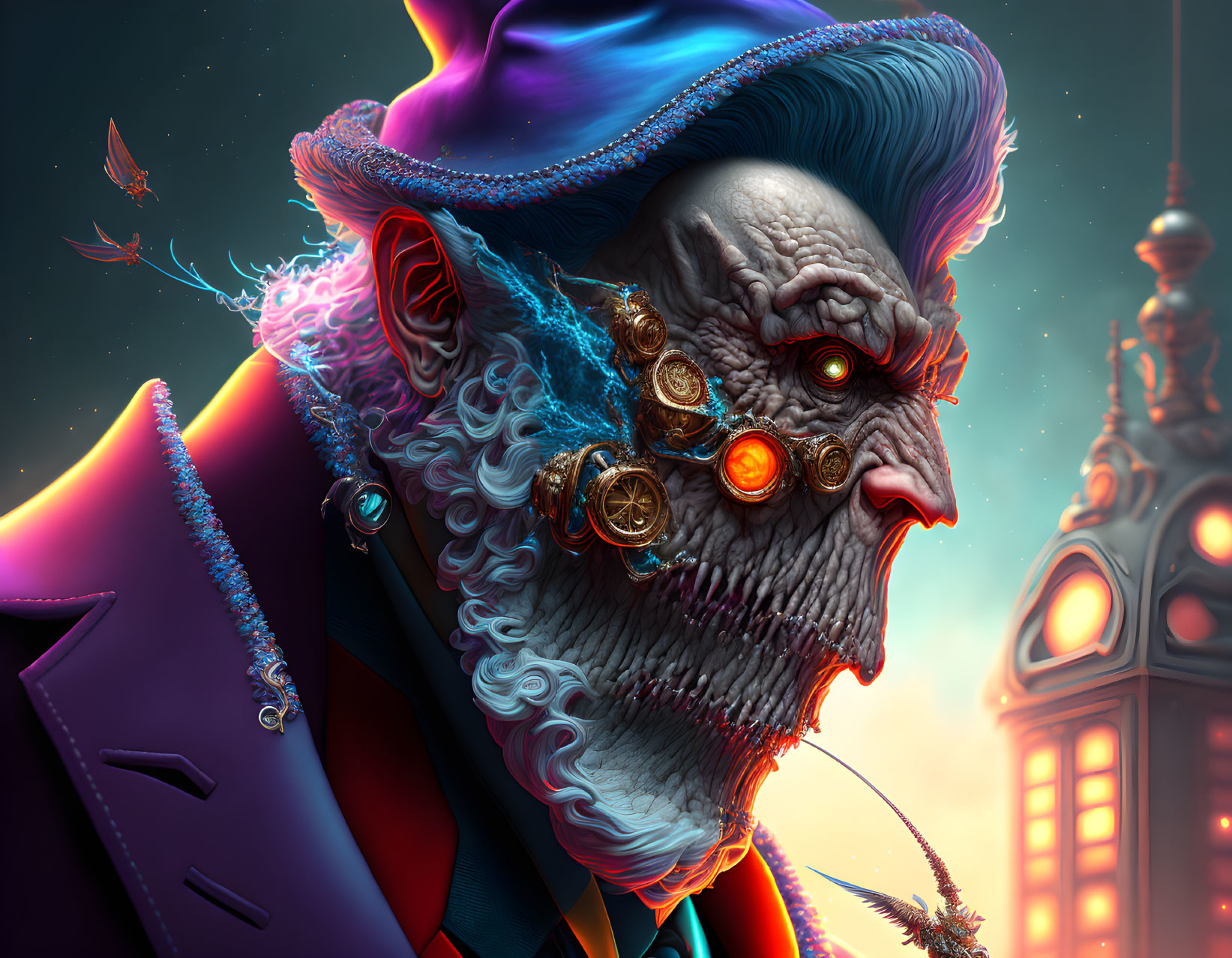 Detailed illustration of character with monstrous face in colorful attire against fantastical building.