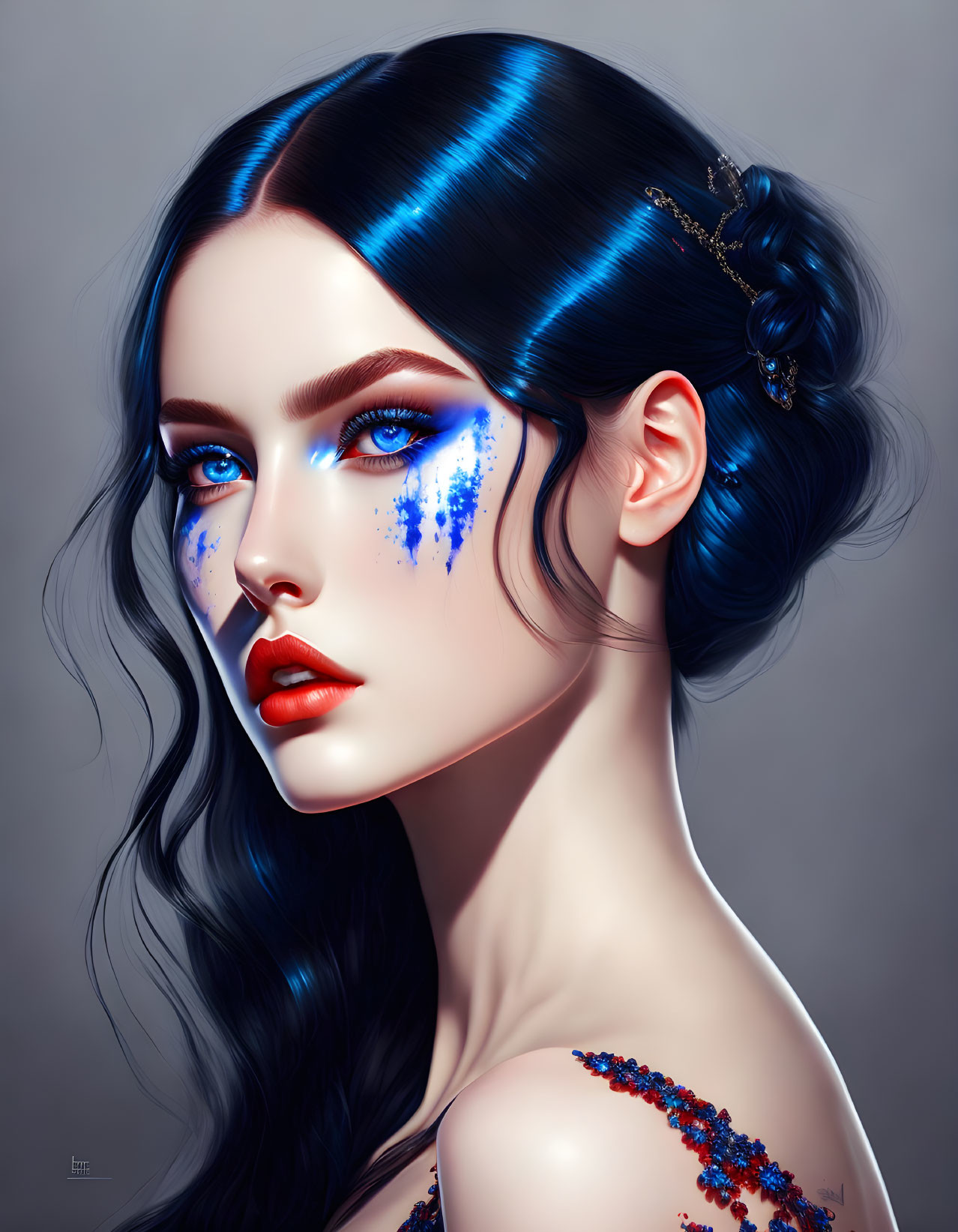 Woman with Glossy Blue-Black Hair and Striking Blue Eyes Illustration