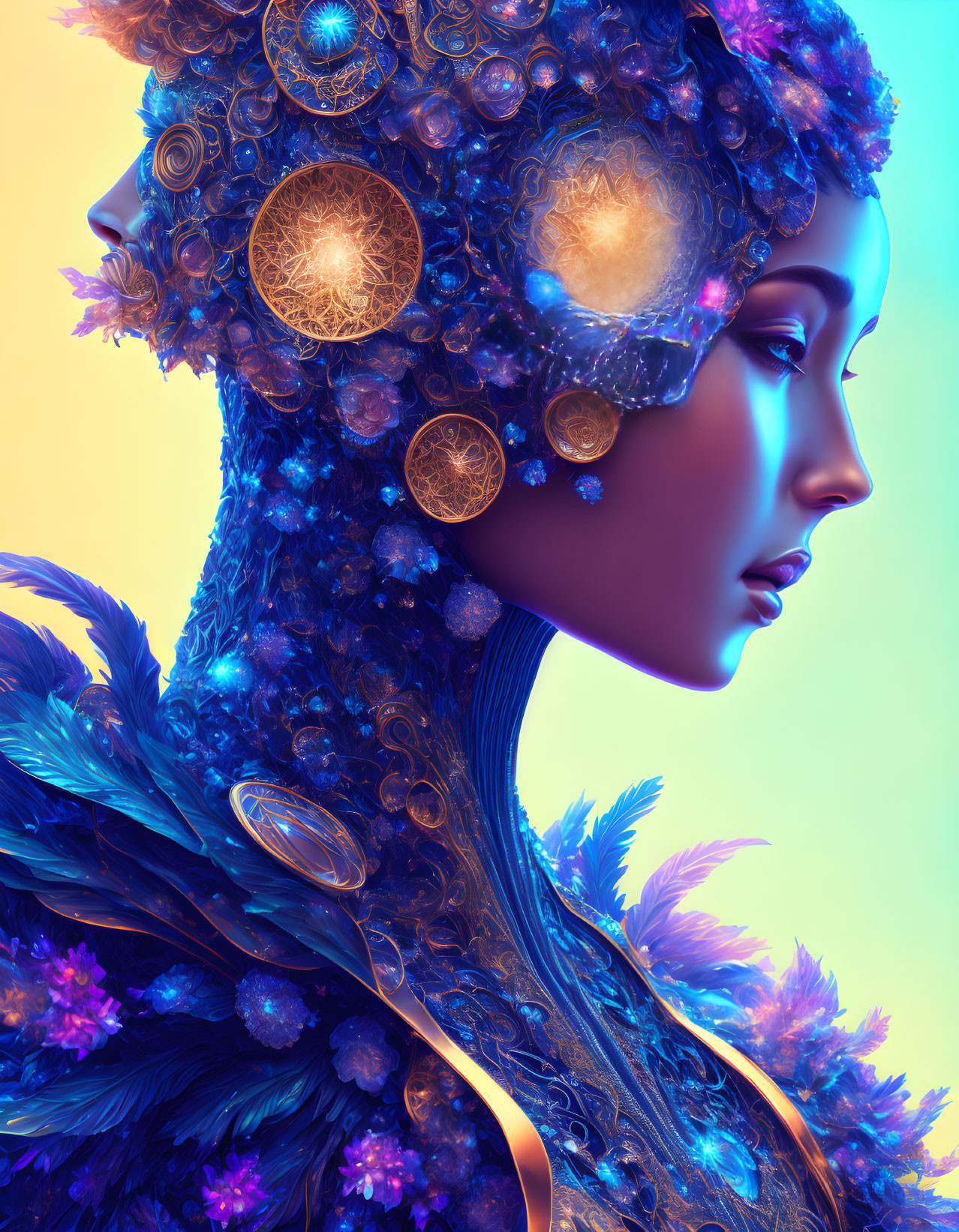 Profile View of Surreally Embellished Figure with Golden Patterns and Blue Feathers