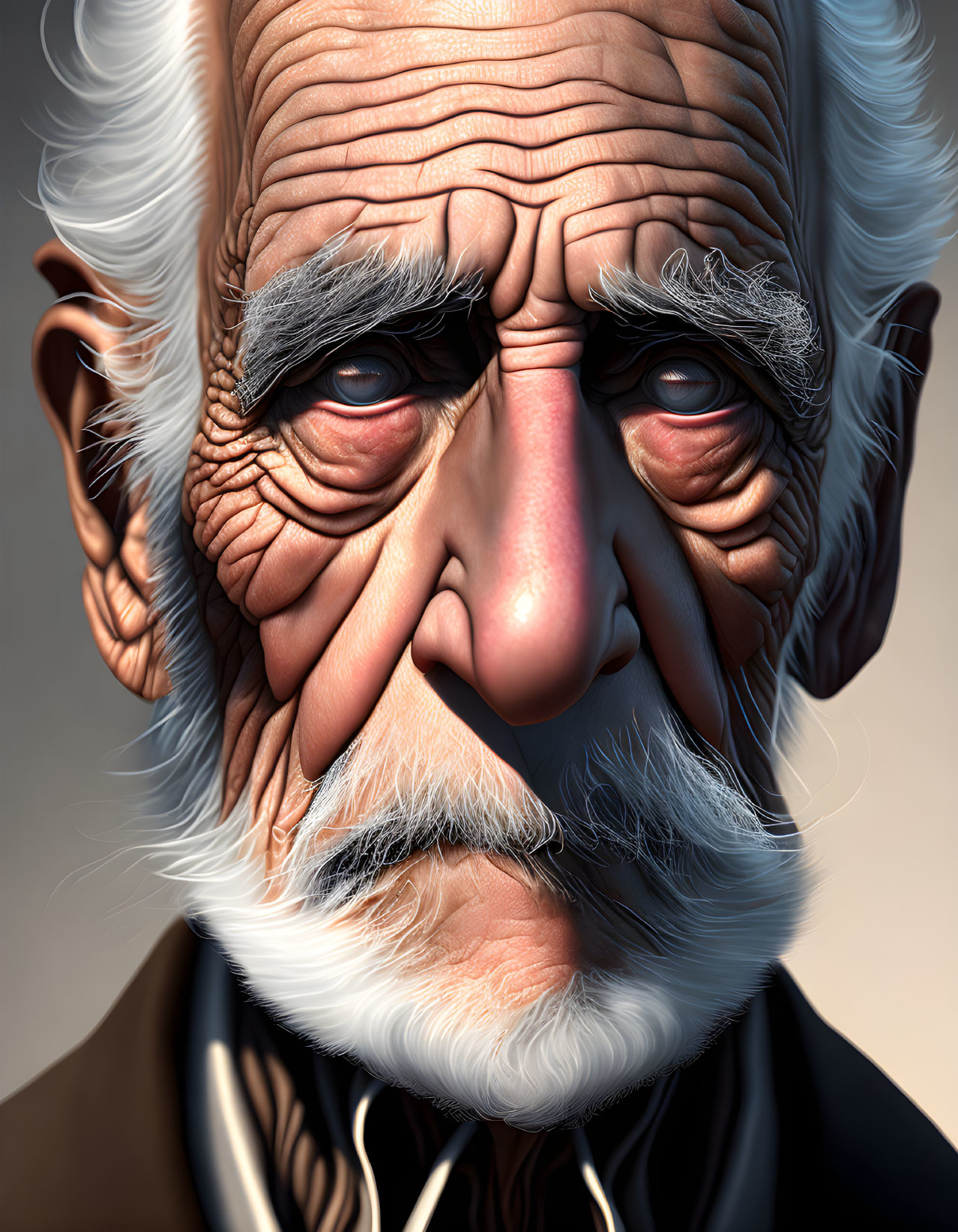 Elderly man with deep wrinkles and white beard gazes solemnly