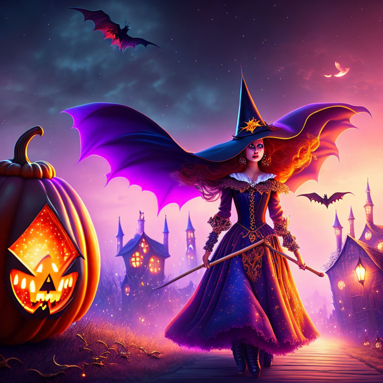 Witch with staff and bat wings by pumpkin on spooky path with castle and bats at twilight