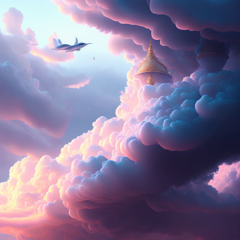 Vibrant pink and blue clouds with floating jellyfish-like creatures and a gliding bird.