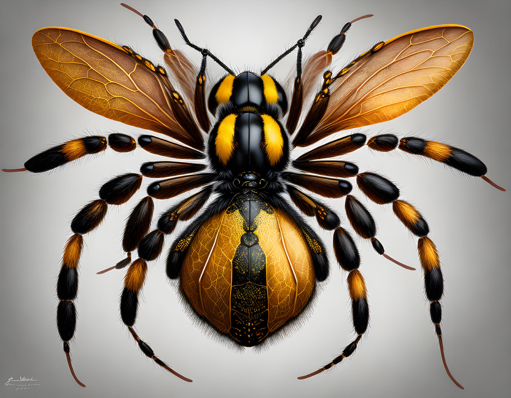 Detailed digital artwork: Fantastical creature with bee and spider features, golden-orange wings, black &