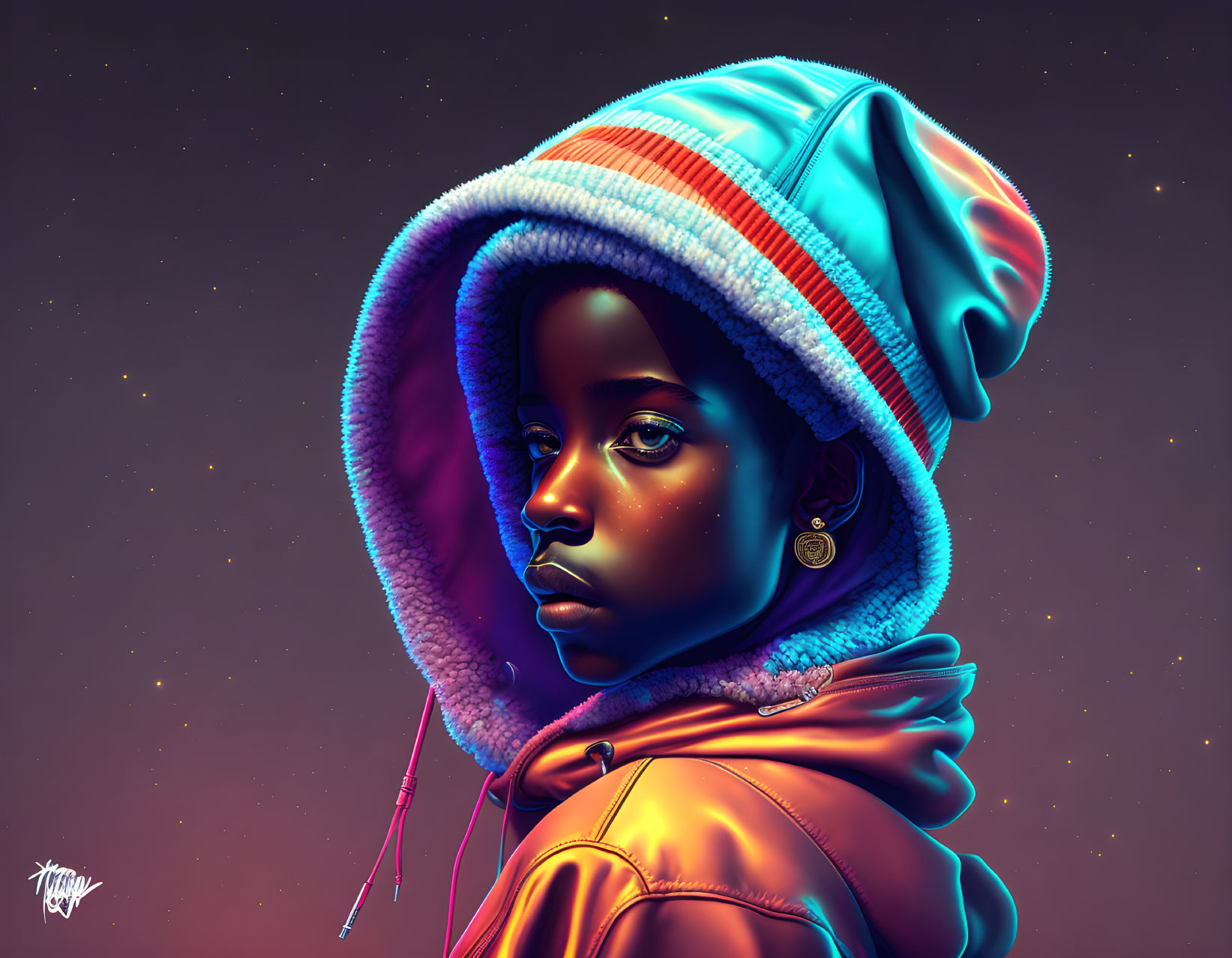 Digital Illustration of Young Person in Blue and Orange Hoodie Under Starry Night Sky