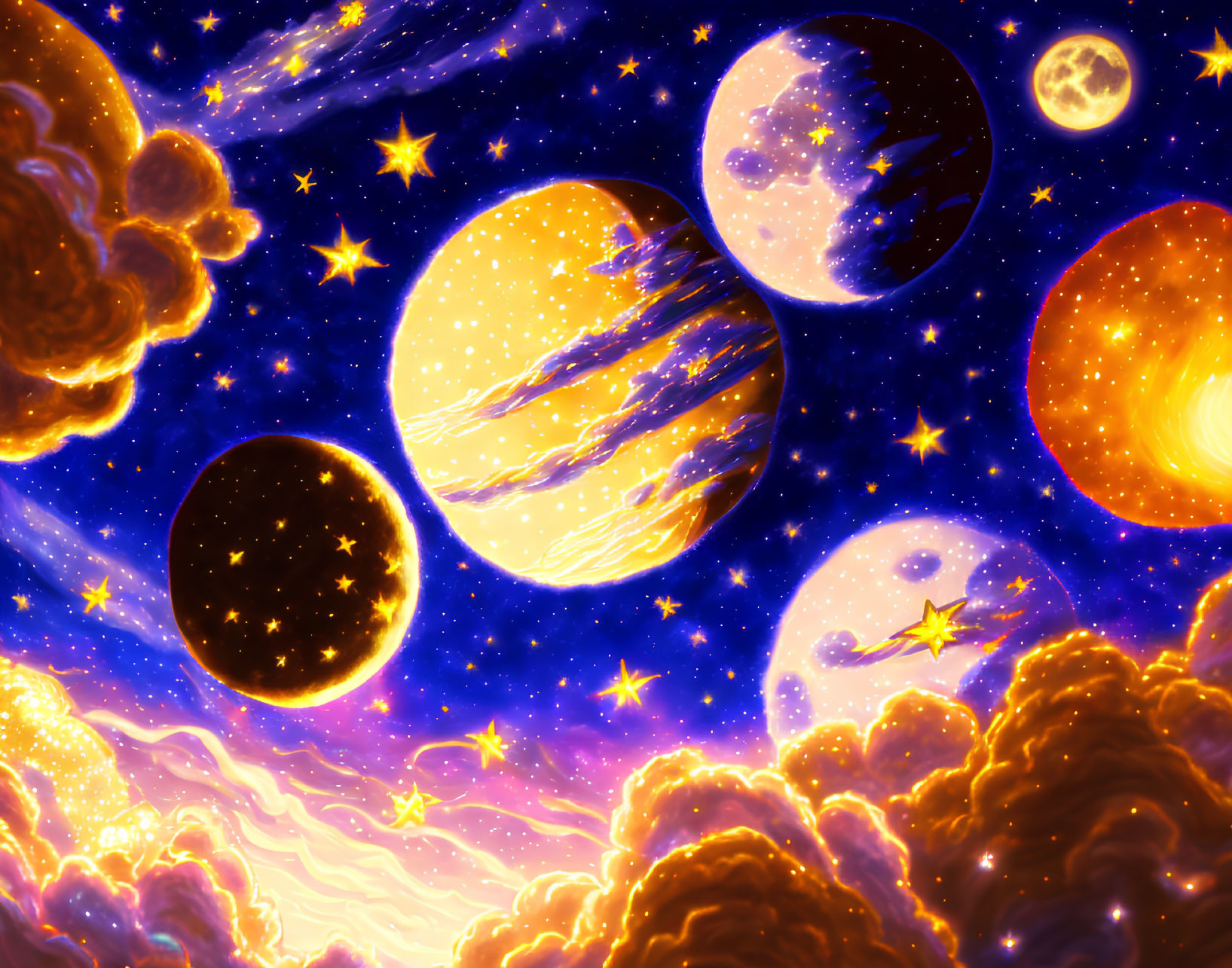 Colorful cosmic illustration with planets, stars, and nebulae in space