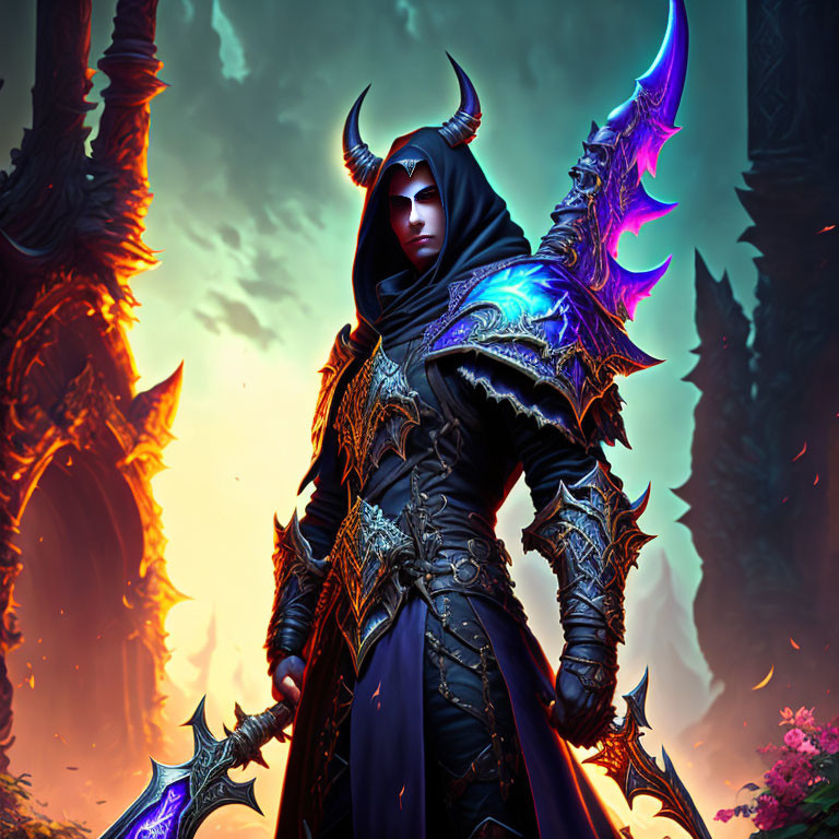 Dark-armored character with horns and glowing purple blade in sinister landscape
