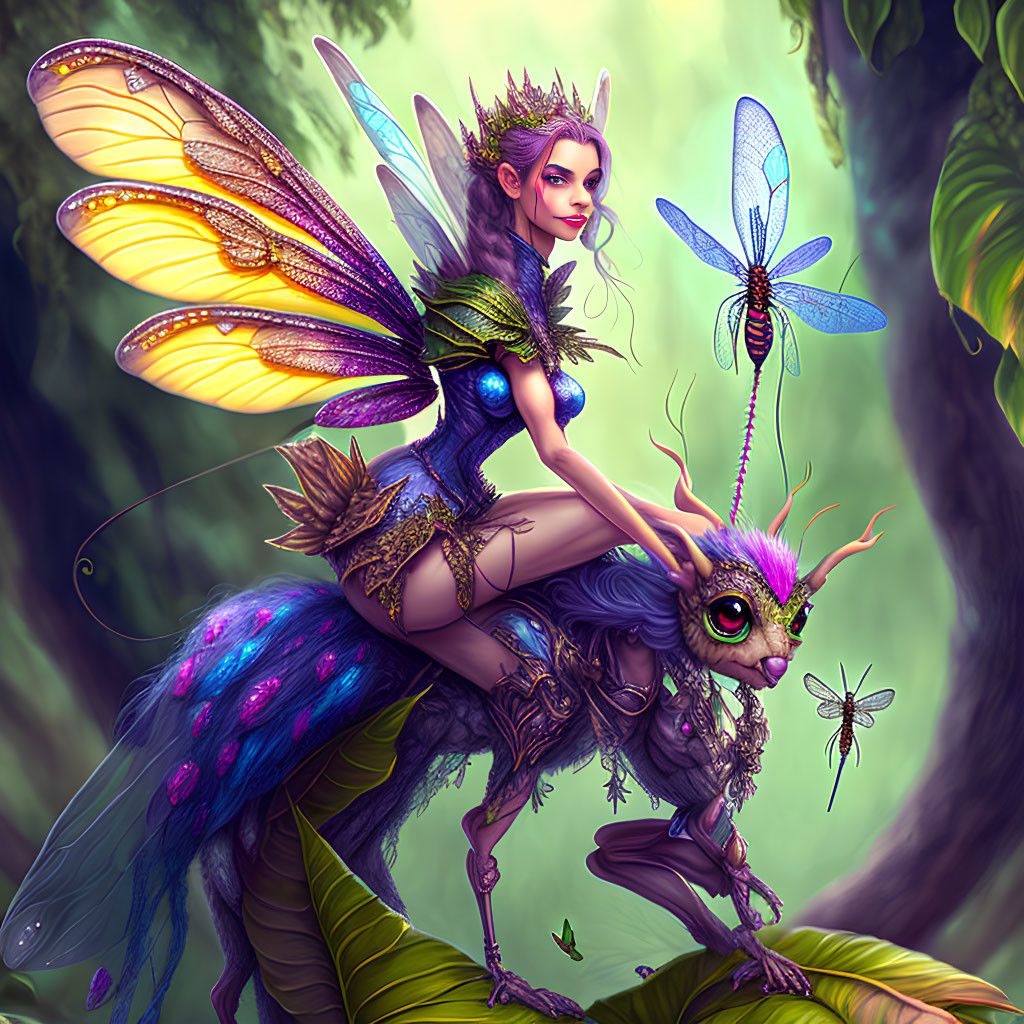 Colorful Fairy Illustration with Butterfly Wings and Dragonfly Companion