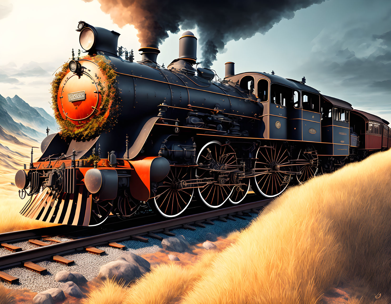 Vintage steam locomotive emitting smoke on tracks with orange wreath, against scenic backdrop of hills and sky