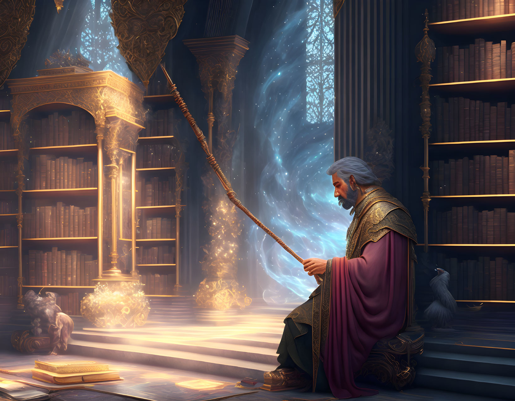 Elderly wizard in grand library with magical portal and owl