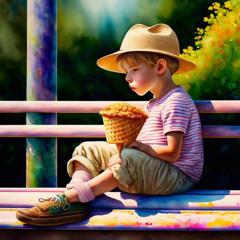 Child in straw hat with ice cream on colorful bench amidst vibrant flowers