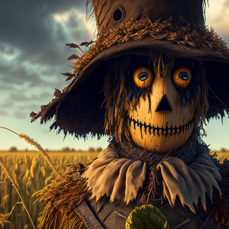 Scarecrow with stitched smile in wheat field at dusk