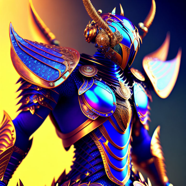 Detailed image of a knight in blue and gold armor with cosmic texture