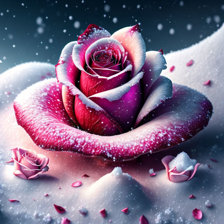 Pink and White Rose Covered in Snowflakes on Winter Background