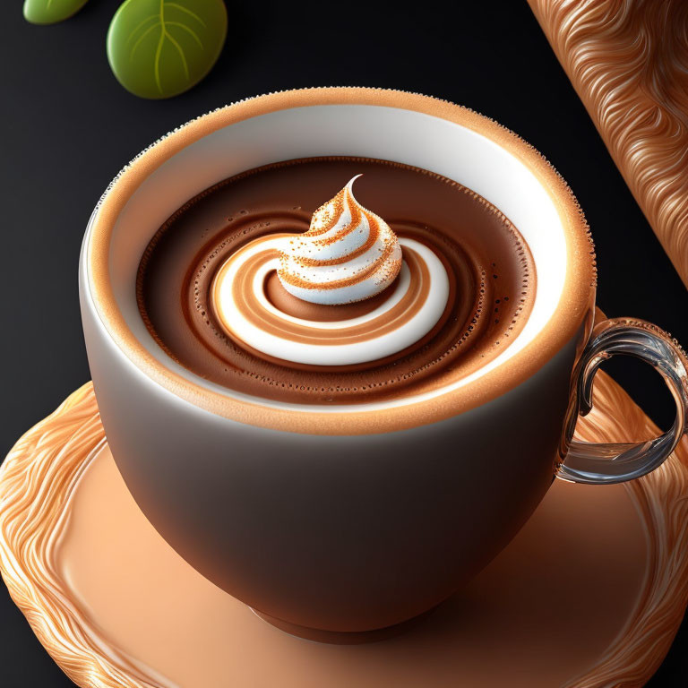 Digital image of hot chocolate cup with whipped cream and candy on swirl-patterned spoon.