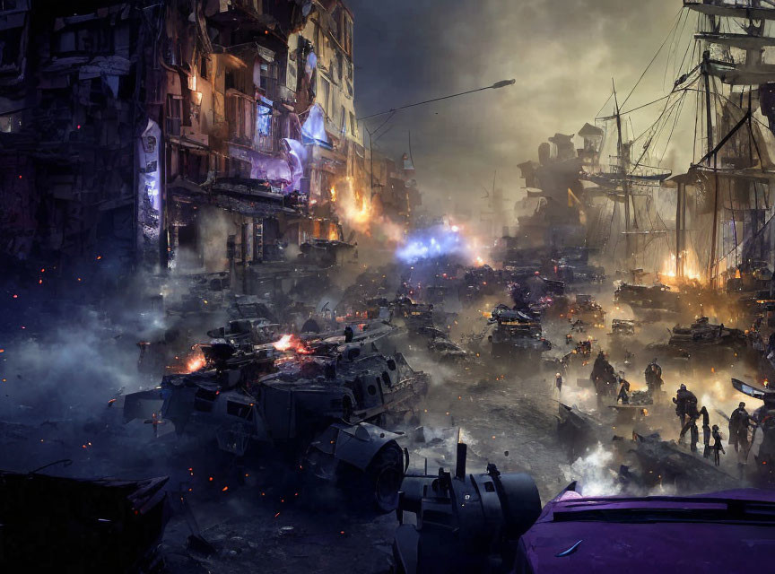 Chaotic battle scene with people, armored vehicles, burning ruins, and a sailing ship