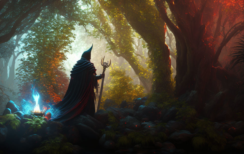 Mystical forest scene with cloaked figure and staff