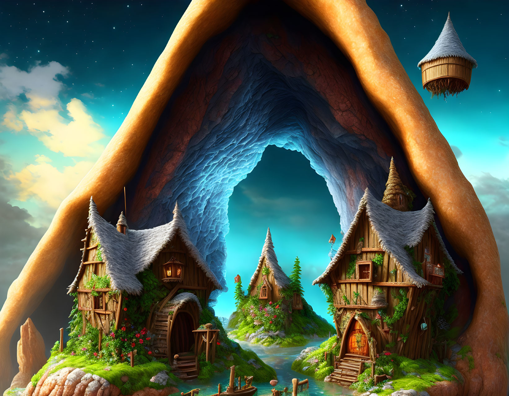 Whimsical cottages under giant tree arch in fantasy landscape