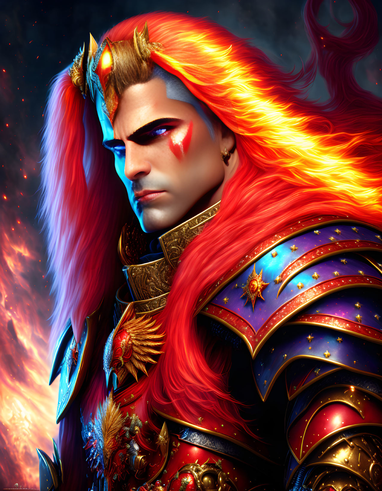 Illustrated warrior with fiery red hair in regal blue and gold armor against blazing backdrop