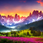 Scenic sunset landscape with pink clouds, mountains, lake, green hills, and pink flowers