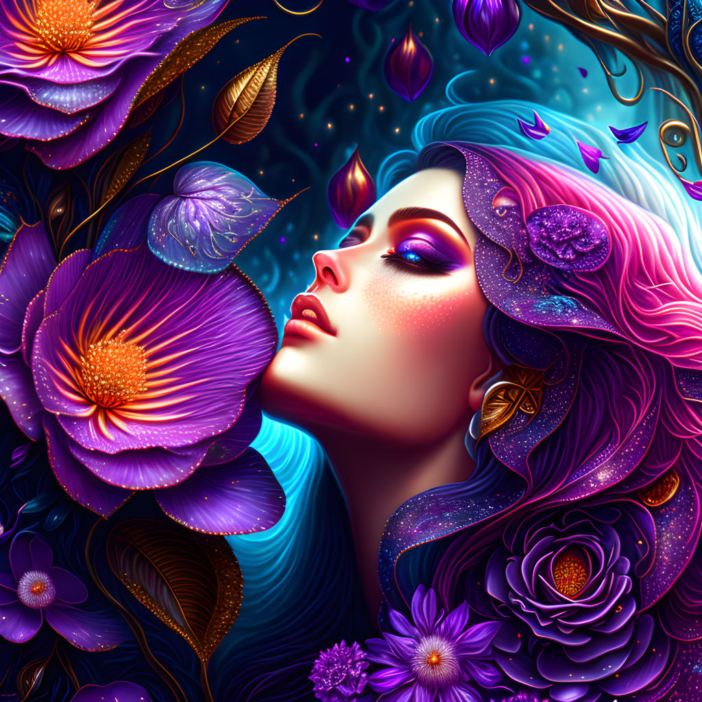 Colorful digital art: Woman's profile with flowing hair amidst stylized flowers