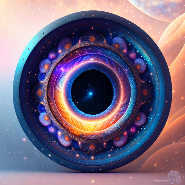 Surreal digital artwork of cosmic portal and celestial bodies