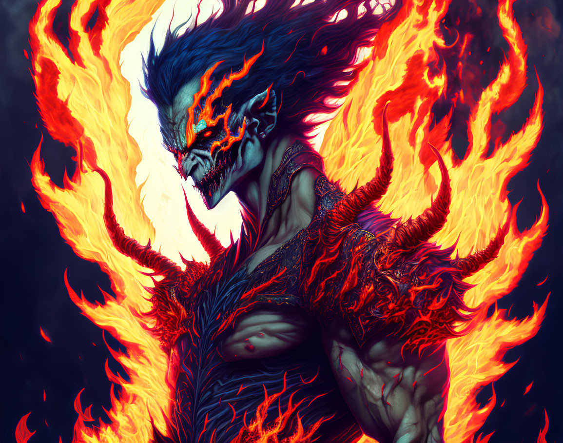 Blue-skinned humanoid with fiery hair and glowing eyes.