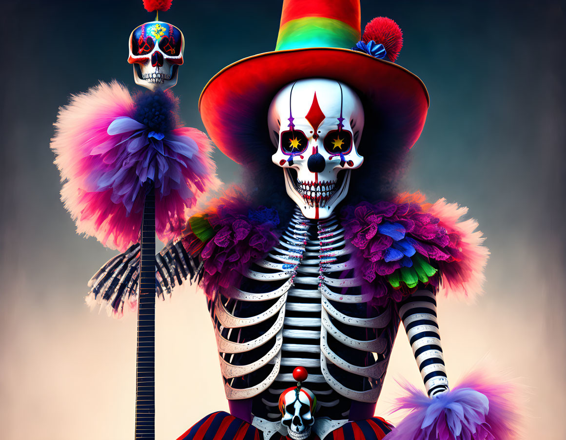 Colorful Day of the Dead skeleton with festive attire and painted skull