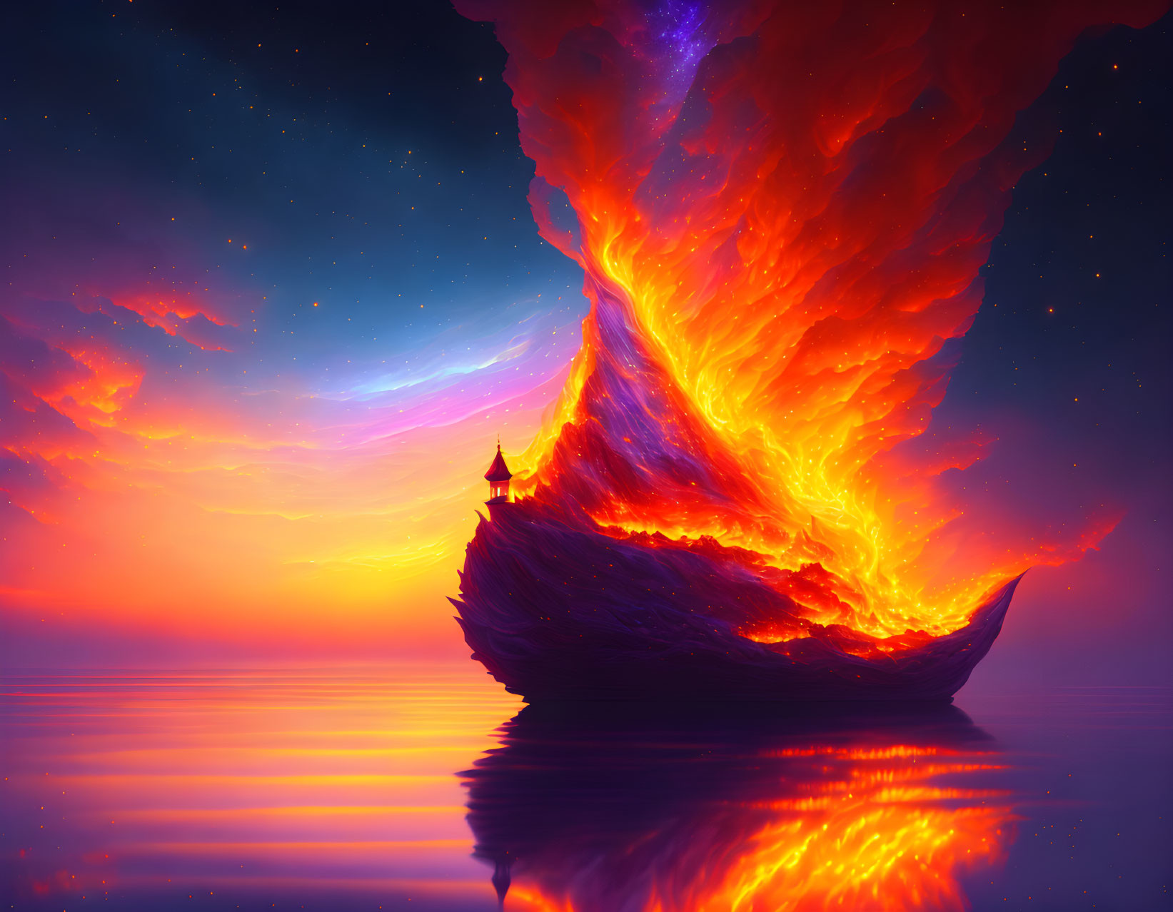 Colorful digital artwork: ship with fiery sails on calm sea, reflecting nebula-streaked sky