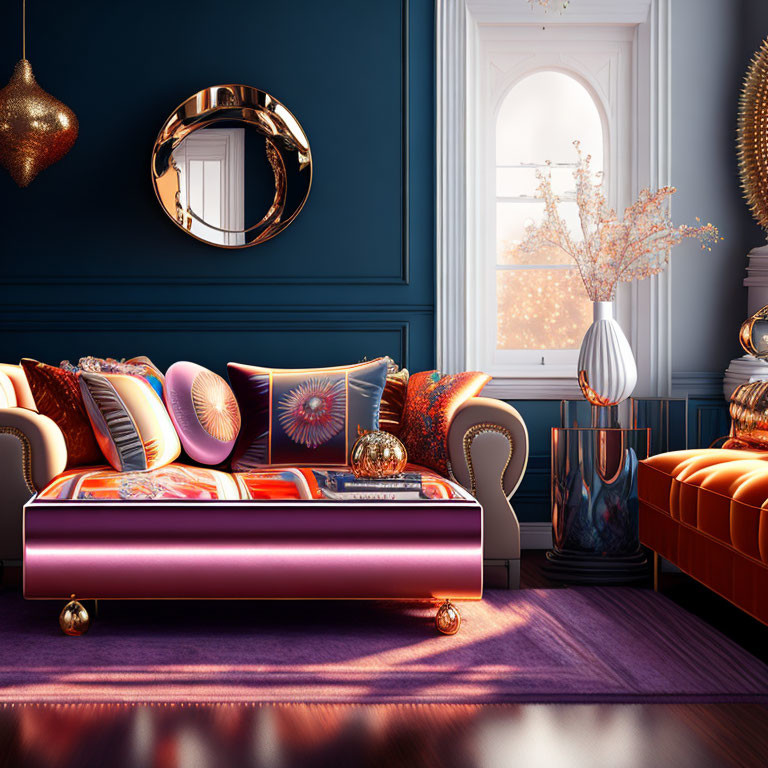 Elegant Interior with Vibrant Sofa and Golden Accents