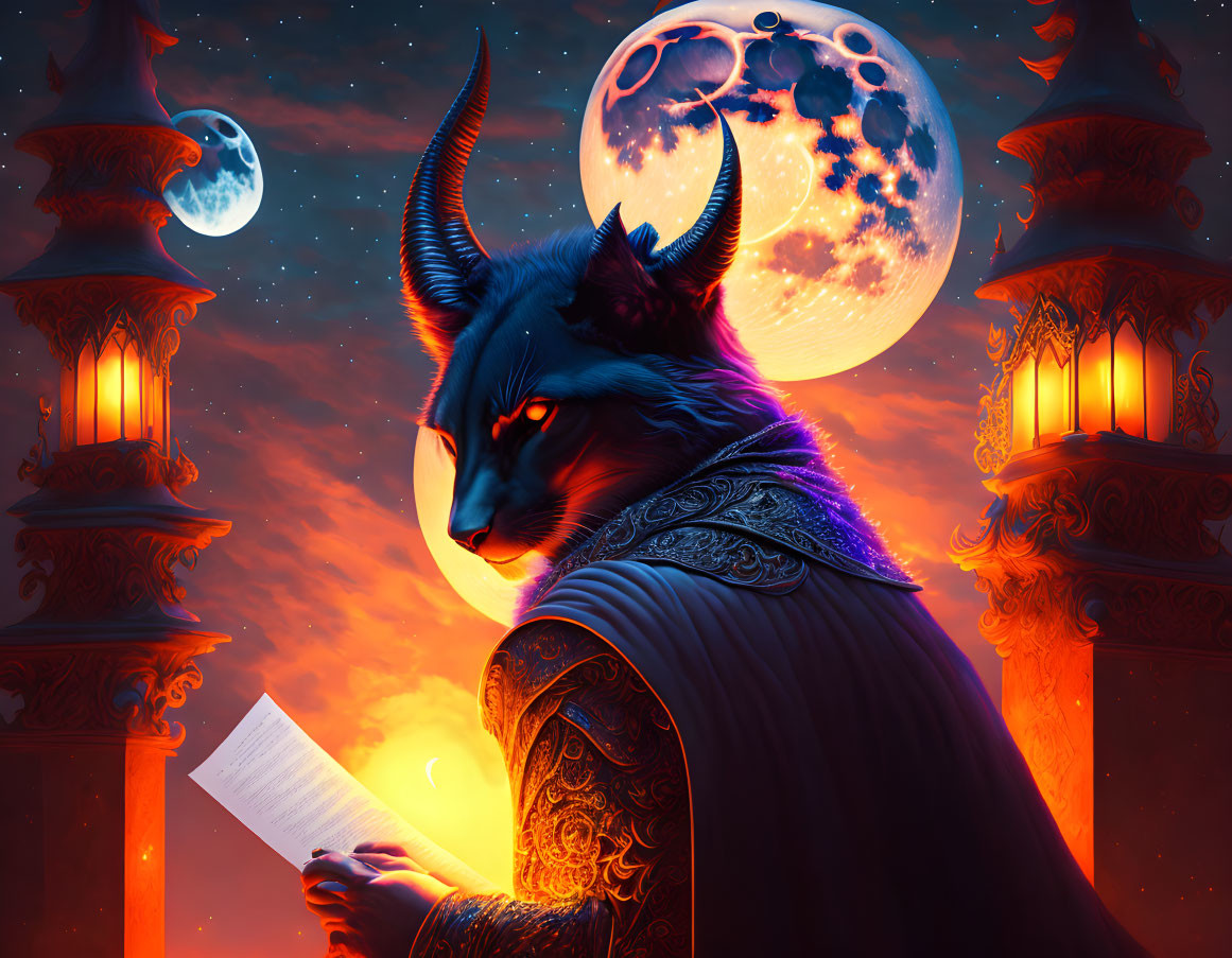 Anthropomorphic wolf in ornate clothing reading letter in fantasy landscape with twin moons