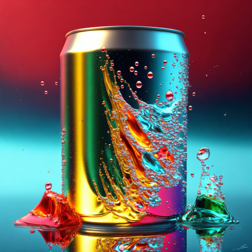 Colorful Beverage Can with Splashing Liquid on Red-Blue Gradient Background