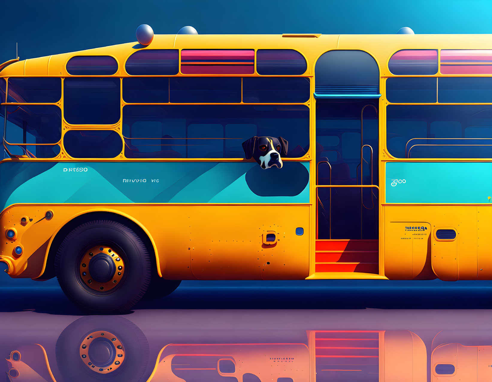 Vibrant illustration of yellow and blue school bus with dog peeking out window