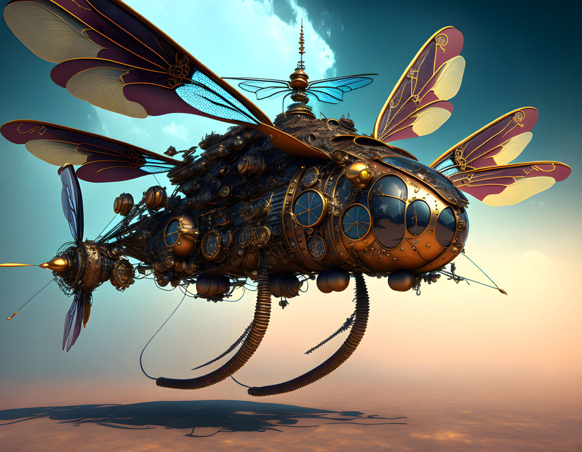 Mechanical insect with metallic wings and gears in steampunk-inspired setting