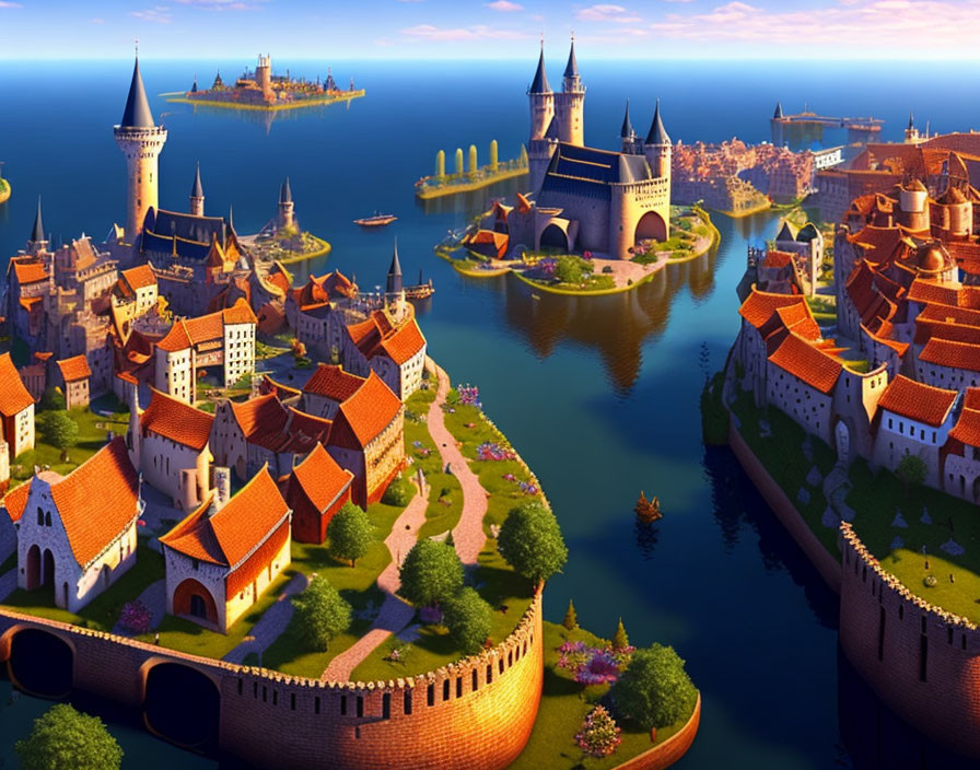 Medieval fantasy cityscape with castle, walls, and boats