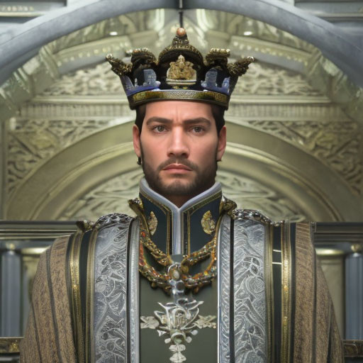 Regal man in crown and ornate robes with architectural backdrop.